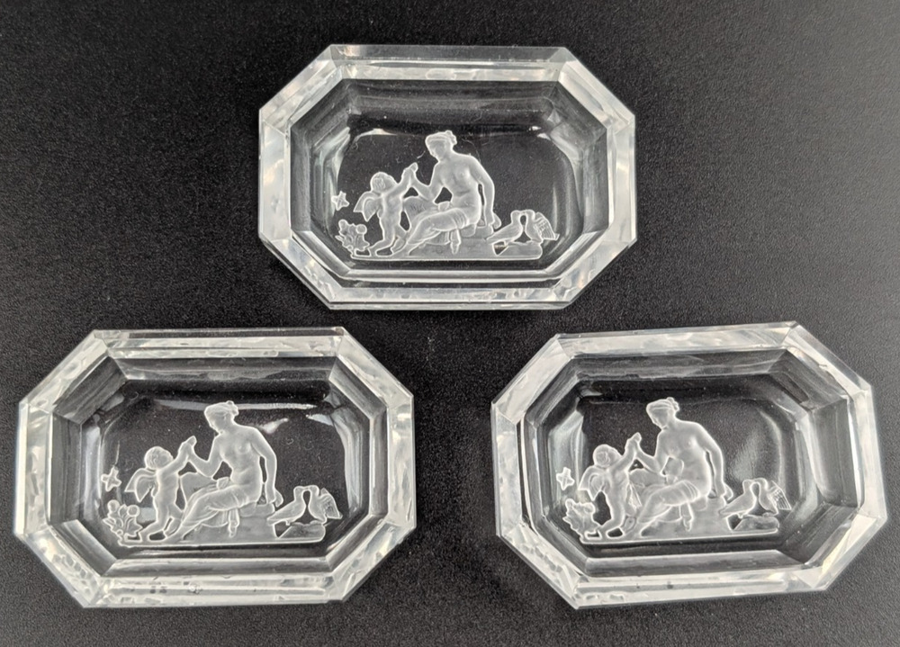 3 Heinrich Hoffmann Intaglio Glass Salt Cellar Dishes Cherub Venus Goddess